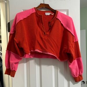 Free People Out from Under Red and Pink Textured Crop Sweatshirt